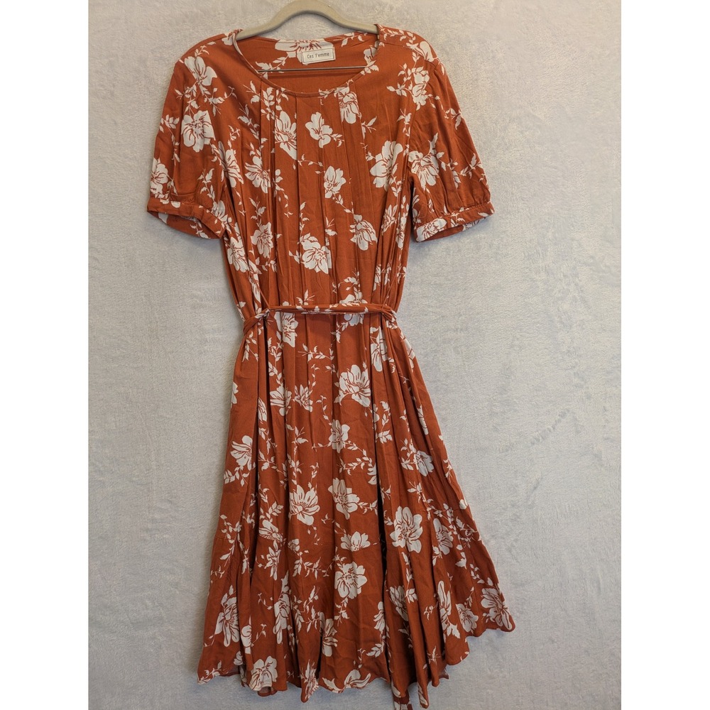 Ces Femme Rust Orange Floral Midi Dress with White Flowers